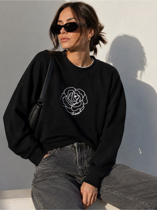 Diesel Tops - Diesel F-Gertrude-Z Black Rose Embroidered Oversized Sweatshirt 100% Cotton